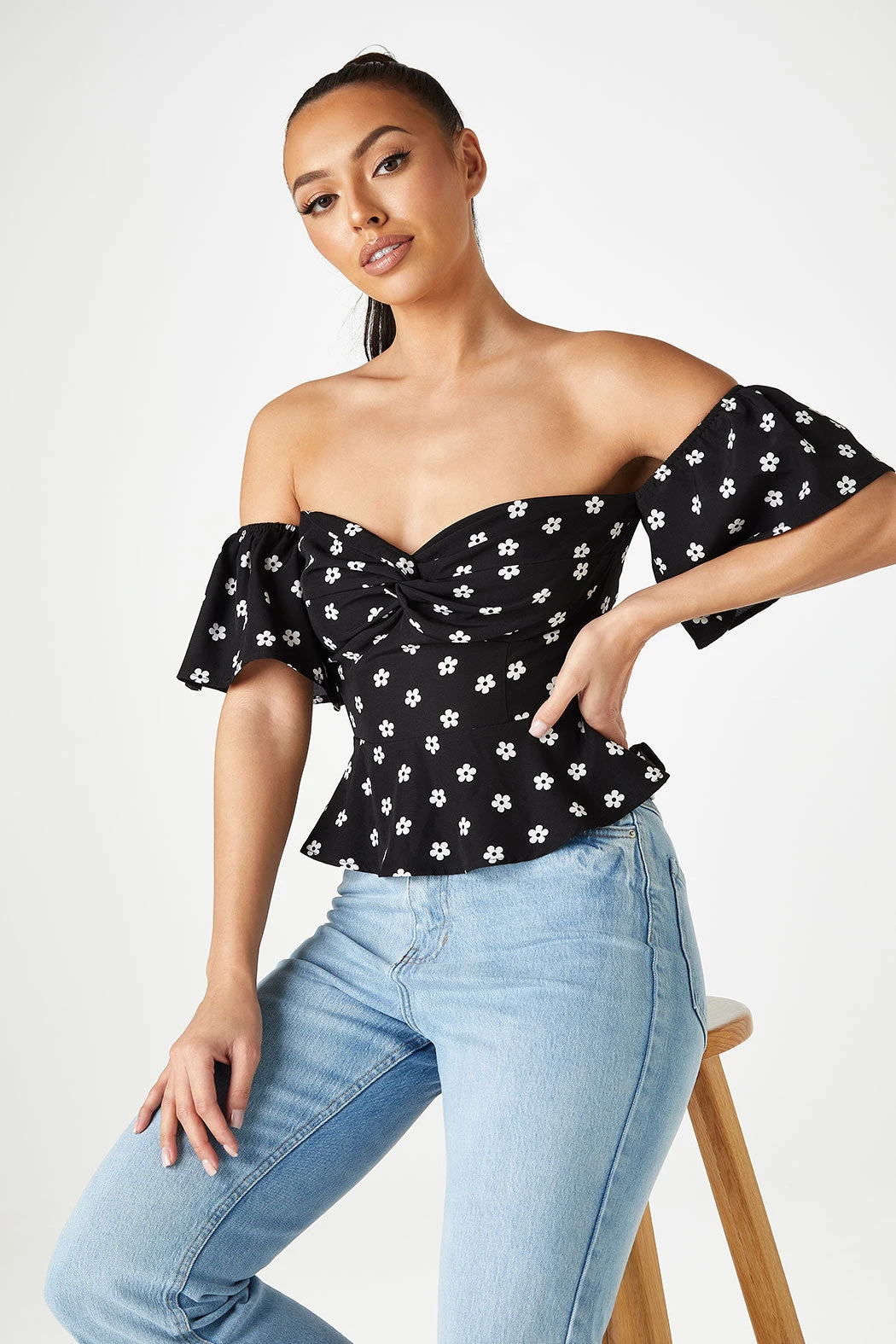 Sophia Floral Twist Front Bardot Top White /