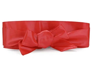 sourcing map Ladies Faux Leather Self Tie Bowknot Wide Waist Band Sash Obi Belt for Dresses Red one 