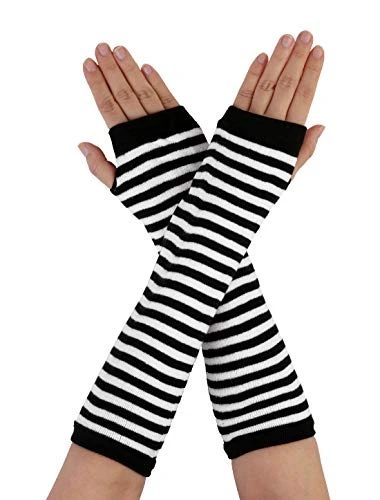 sourcing map Unisex Classic Fashion Stretch Fingerless Arm Warmers Oversleeve Black White One Size