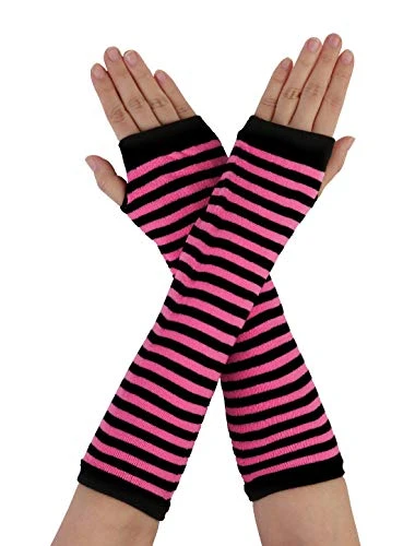 sourcing map Women's Fingerless Gloves Printed Elbow Length Knitted Arm Warmers Black With Pink One 