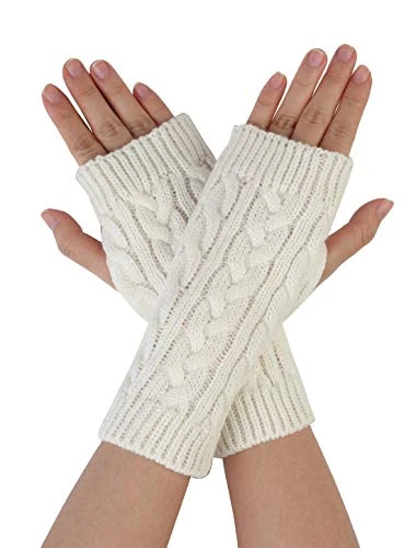 sourcing map Women's Ribbed Wrist Arm Warmers Stretchy Cable Knitted Fingerless Gloves White One Siz