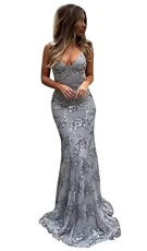 Spaghetti Straps Sequin Evening Gowns Long Mermaid Tulle Prom Dresses V-Neck Empire Waist Train Form