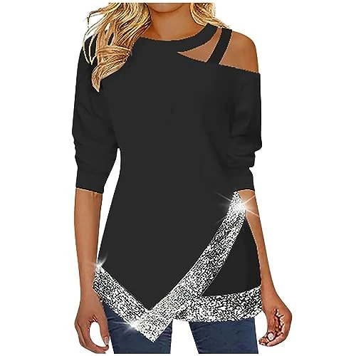 Sparkly Tops for Women Off Shoulder Long Sleeve Party Blouses Womens Front Split Glitter Sequin Hem Pullover Spring Summer Crewneck Jumper Elegant Tunic T Shirt