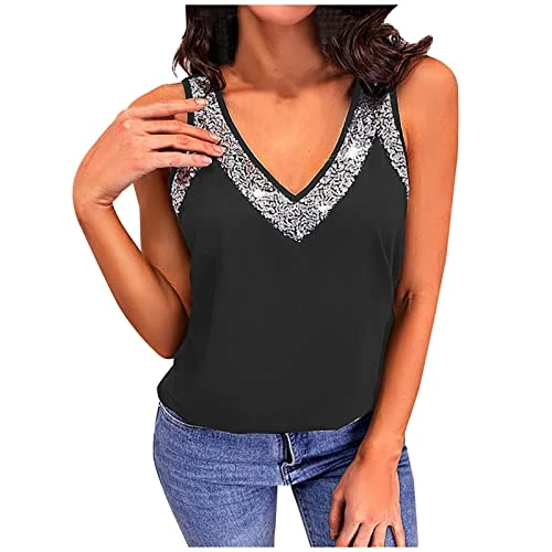 Sparkly Tops for Women UK Clearance Ladies Sequin Glitter Vests V Neck Sleeveless Daily Tank Tops Sh