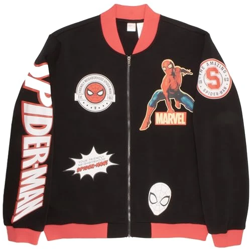 Spiderman Varsity Bomber Jackets for Men Spider-Man Graphic Print Lightweight Varsity Jackets Casual Fashion Coats, Black and Red, Medium