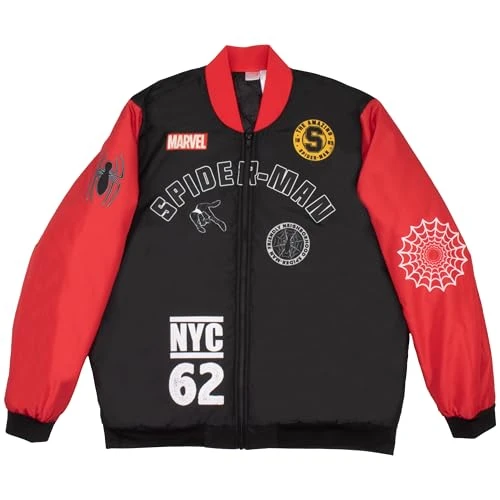 Spiderman Varsity Bomber Jackets for Men Spider-Man NYC 62 Graphic Print Lightweight Varsity Jackets Casual Fashion Coats (Black and Red X-Large), Black and Red, X-Large