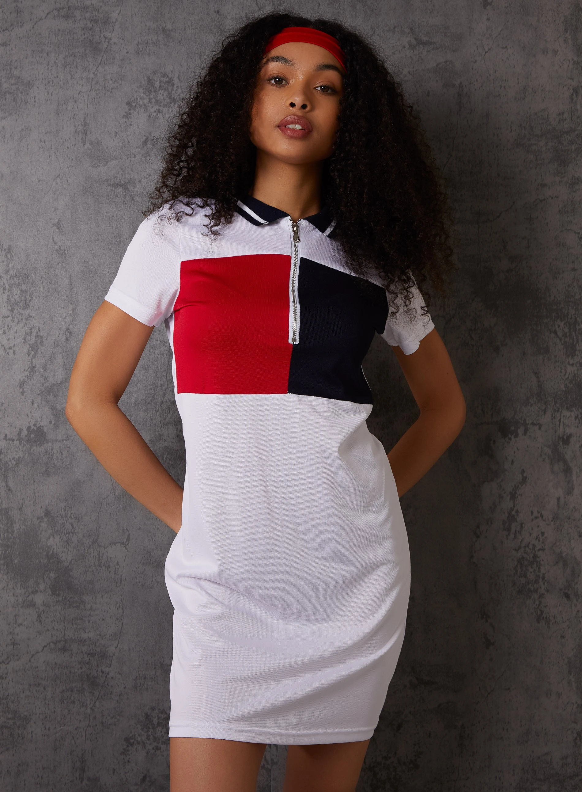 Sports Colour Block Half Zip Dress  - L  - White