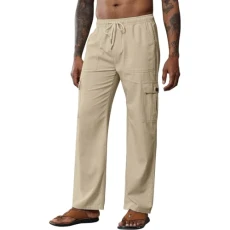 Sports Leather Trousers Men's Costume Set Jogging Bottoms Men's Grey Cotton Men's Summer Trousers Plain Cotton Loose Casual Cotton Jumpsuit with Belt Drawstring Winter Trousers Men, khaki, XL