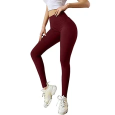 Sports Leggings with Pockets High Waist Yoga Pants Colour Pure Fitness Elastic Women's Hip Yoga Pants Lifting Running Fashion Yoga Pants Opaque Butt Push Up Booty Leggings for Sports, Wine Red, M
