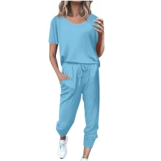 Sports Suit, Women's Summer Short Sleeve Tracksuit, Casual Cotton Tracksuit, 2-Piece Plain Jogging Suit, Loose T-Shirt Top and Trousers, Leisure Suit with Pockets, Sportswear for Running Yoga,