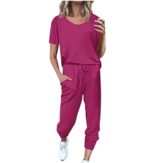Sports Suit, Women's Summer Short Sleeve Tracksuit, Casual Cotton Tracksuit, 2-Piece Plain Jogging Suit, Loose T-Shirt Top and Trousers, Leisure Suit with Pockets, Sportswear for Running Yoga,