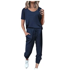 Sports Suit, Women's Summer Short Sleeve Tracksuit, Casual Cotton Tracksuit, 2-Piece Plain Jogging Suit, Loose T-Shirt Top and Trousers, Leisure Suit with Pockets, Sportswear for Running Yoga,