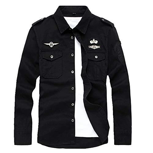 Spring and Autumn Cotton Long Sleeve Shirt Casual Outdoor Mens Shirt Black