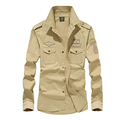 Spring and Autumn Cotton Long Sleeve Shirt Casual Outdoor Mens Shirt Khaki