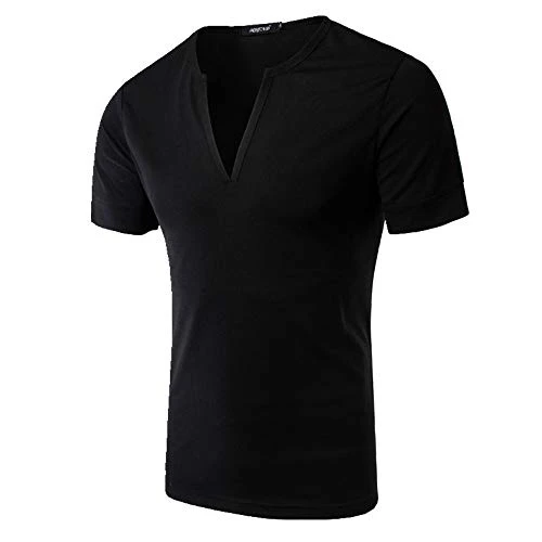 Spring and Summer Mens Fashion Large Solid Casual T-Shirt Slim Large Short Sleeve T-Shirt Black