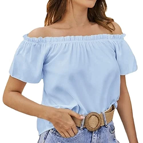 Spring and Summer Short Sleeve Off-Shoulder Solid Colour Loose T-Shirt Top Sleep T-Shirt, blue, XXL