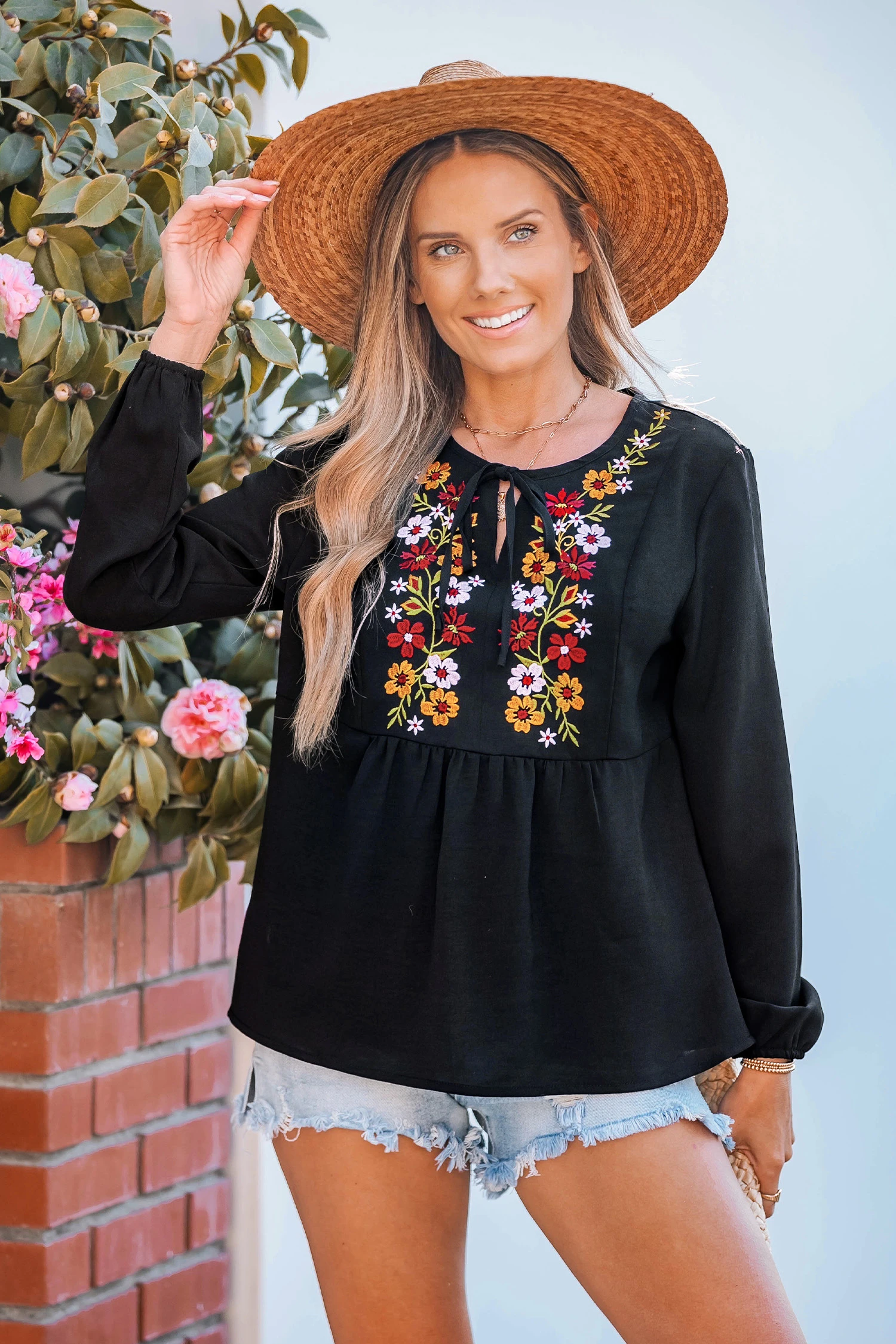 Spring Blossom Embroidery Long Sleeve Top - Black