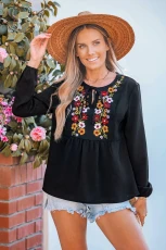Spring Blossom Embroidery Long Sleeve Top - Black Black 2