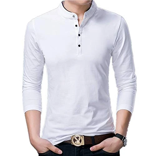 Spring New Men's T-Shirt Casual Stand Collar Long Sleeve Cotton Youth top Grey