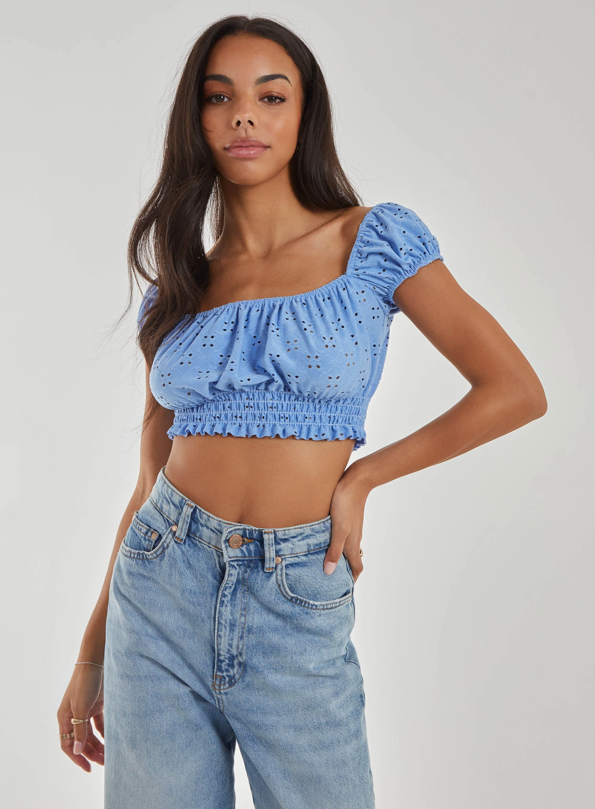 Square Neck Cropped Broderie Top  - M  - Blue