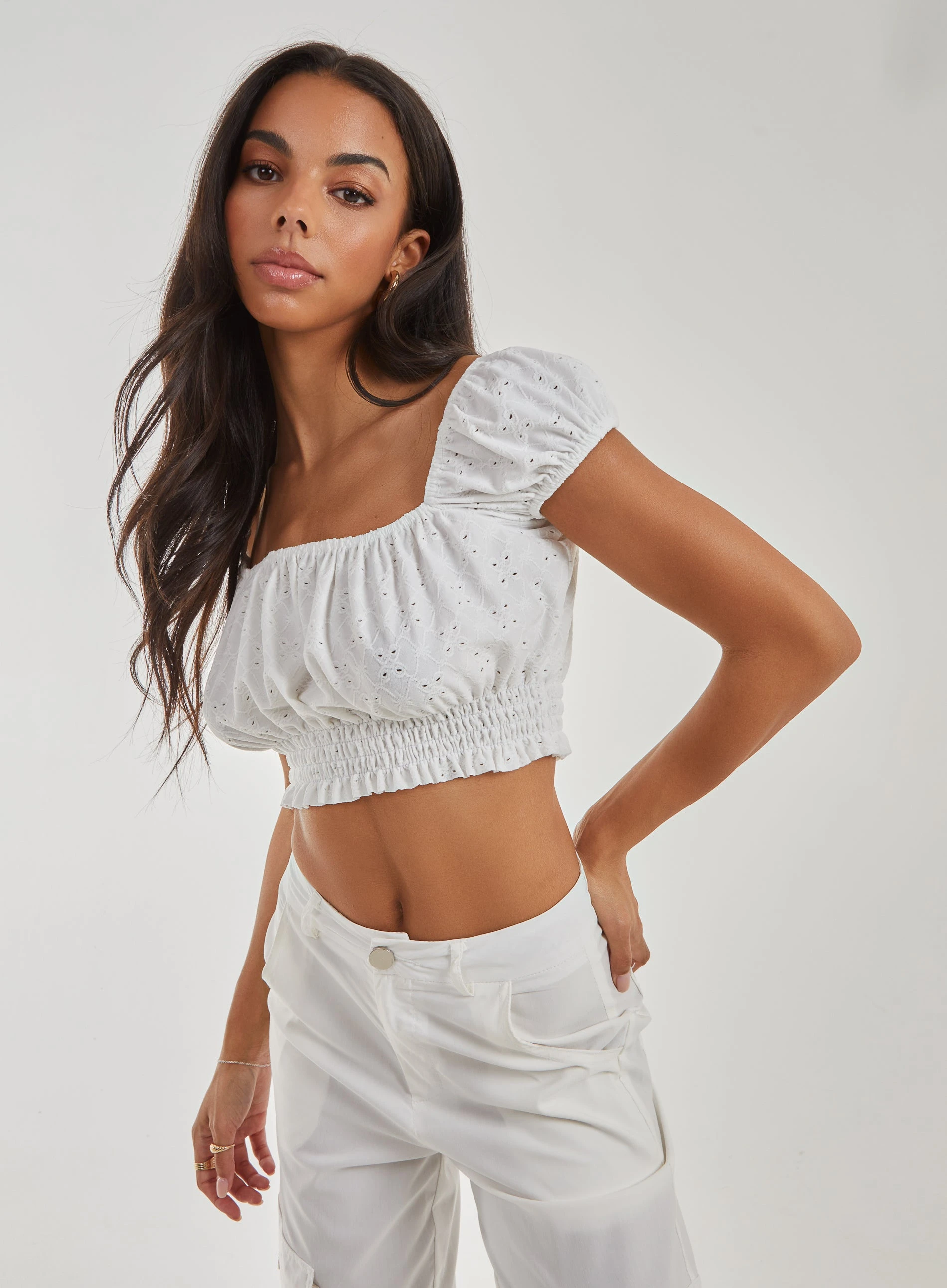 Square Neck Cropped Broderie Top  - M  - WHITE