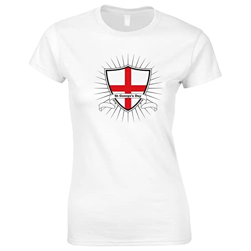 St George's Day T Shirt Accessories - Saint George Cross England Flag Short Sleeve T-Shirts for Women - St Georges Day Party Fancy Dress Clothing Props for Him - Shield - White L