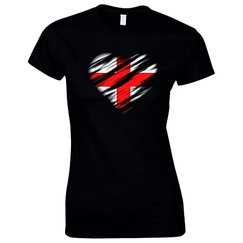 St George's Day T Shirt - Saint George Cross Flag Short Sleeve T-Shirts for Women - Heart - Black - L