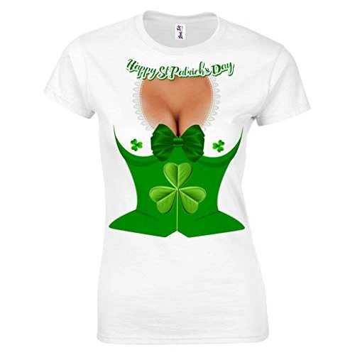 St Patricks Day T Shirts Women Funny Irish Tops Boobs Cleavage White-XL