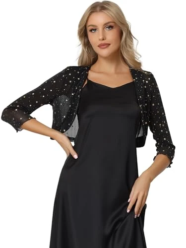 Star Mesh Cardigan for Women's Metallic Long Sleeve Party Crop Sheer Bolero Shrug Black XL