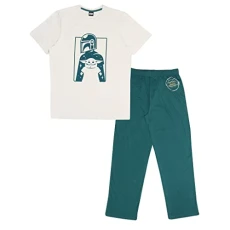 Star Wars The Mandalorian Mando And Grogu Long Pyjamas Set, Adults, XS-5XL, Cream/Green, Official Merchandise