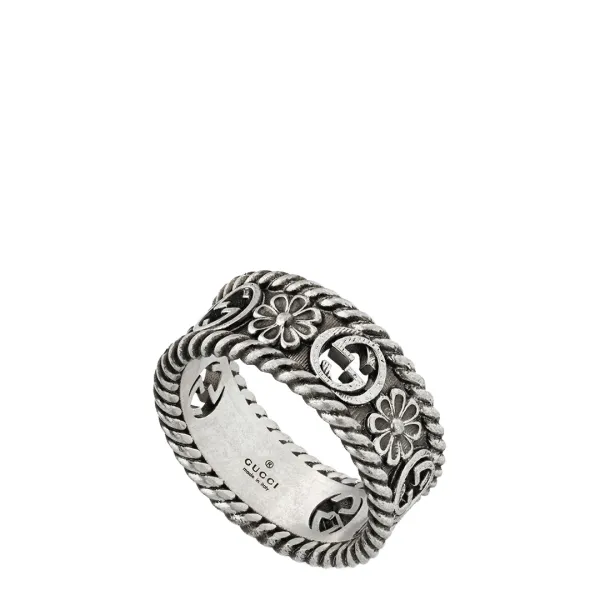 Sterling Silver Gucci Interlocking G Flower Motif Ring - Size L