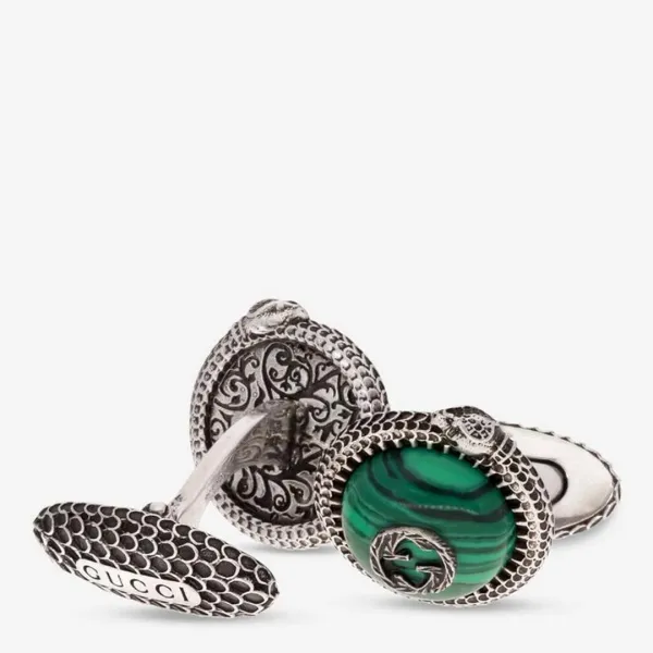 Sterling Silver & Metal Resin Snake Gucci Garden Motif Cufflinks - Green