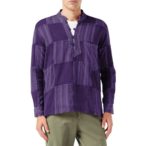 Stone Washed Plain Stripe Patch Hippy Shirts for Men, Long Sleeve Cotton Grandad Shirt, Purple, L