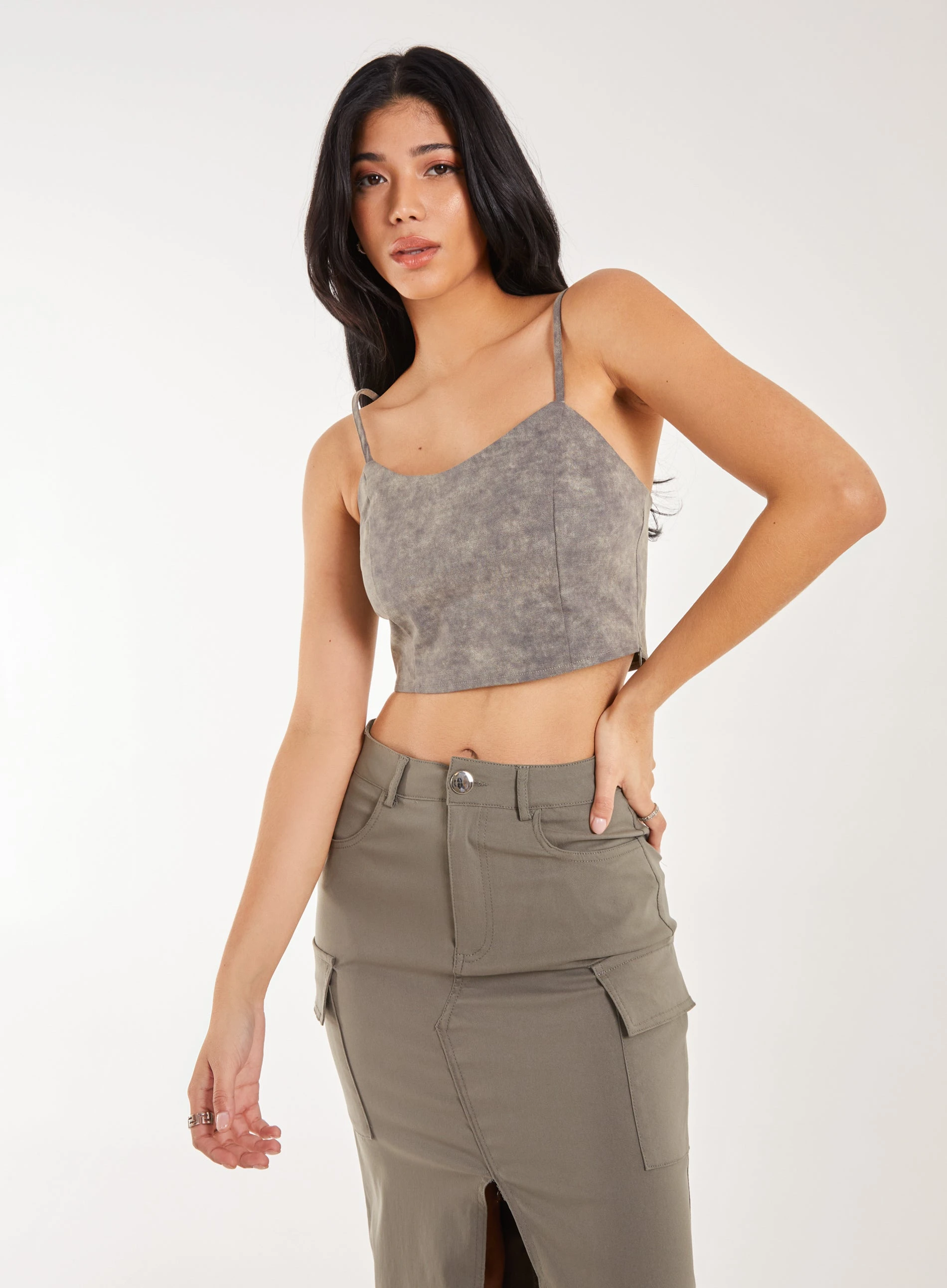 Stone Washed Stretch Crop Top  - L  - KHAKI