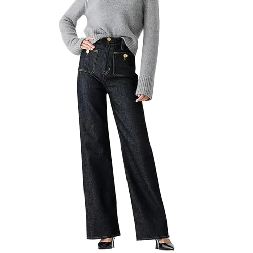 Straight Jeans for Women，Wide Leg Hight Waist Button Zip Straight Leg Jeans，Washable Light Color Soft Loose Pants with Pocket Classic Streetwear Jeans