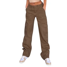 Straight Leg Cargo Pants for Women，Low Waist Solid Color Button Zip Slim Straight Trousers，Washed Jeans Kpop Style Overalls Sweatpants Fashion Casual Street Denim