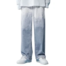 Straight-Leg Denim Pants for Men Plus Size, Fashion Tie Dye Oversized Street Fashion Jeans Vintage Distressed Denim Trousers(Blue,3X-Large)