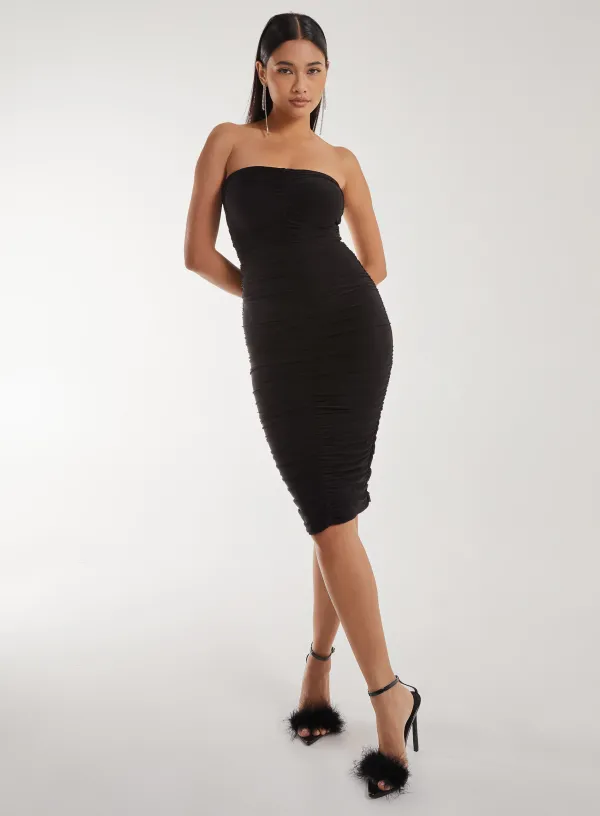 Strapless Ruched Slinky Midi Dress - - Black