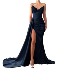 Strapless V-Neck Evening Dress Mermaid Satin Prom Dresses Long with Slit Sequin Beaded Train Formal