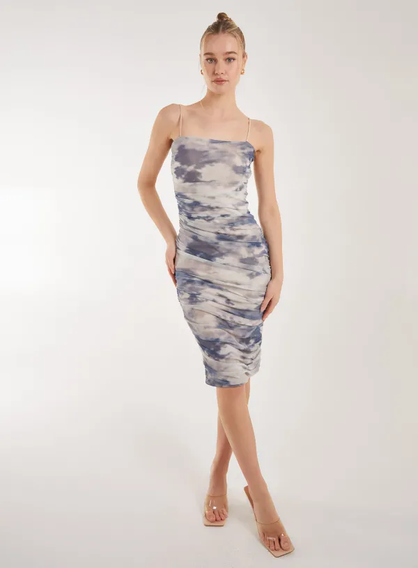 Strappy Distressed Print Midi Dress Cream Pattern