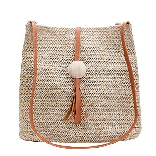 Straw Woven Bucket Bag Straw Tassel Handbag Tote Shoulder Bag with Leather Strap for Women Girls (Brown)