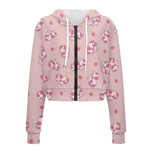 Strawberry Cow Cropped Hoodie for Women Full Zipper Sweatshirts Y2K Oversized Long Sleeve Pullover Hooded Jackets Casual Drawstring Clothes With Pockets Thin Coat Cardigan