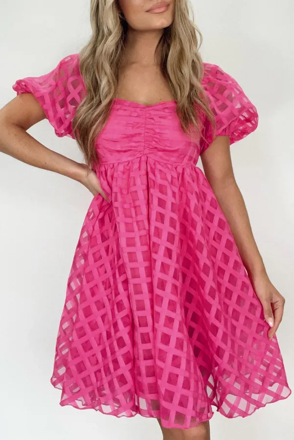 Strawberry Pink Checkered Puff Sleeve Babydoll Dress - STRAWBERRY PINK / L / 100%POLYESTER