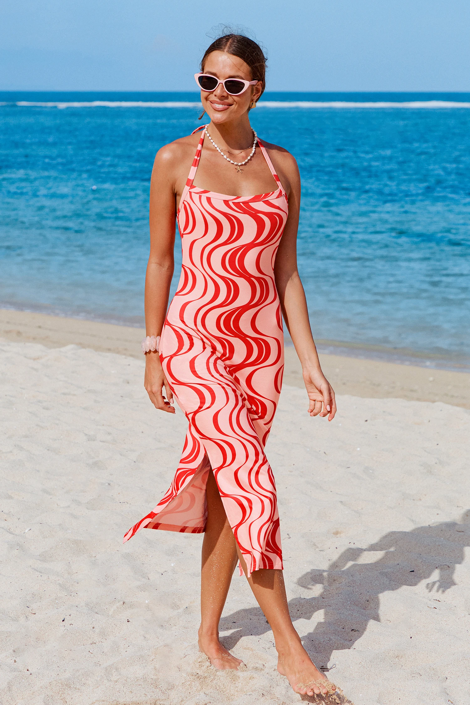 Strawberry Swirl Abstract Midi Dress - Red