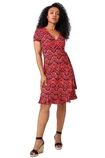 Stretch Wrap Dress for Women UK - Ladies Fit & Flare Skater Summer Spring Holiday V-Neckline Comfy Short Sleeve Soft Knee Length Frock Everyday Gowns - Petite Pink - Size 14 Stretch Wrap Dress for Women UK - Ladies Fit & Flare Skater Summer Spring Holiday V-Neckline Comfy Short Sleeve Soft Knee Length Frock Everyday Gowns - Petite Pink - Size 14