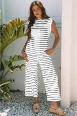 Stripe Casual Wide Leg 2pcs Trousers Co-ord Set - Black Stripe /