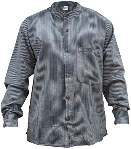 Stripe Grandad Shirt for Men, Handloomed Cotton Long Sleeve Band Collar Hippie Clothes, Grey Blue, X