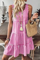 Stripe U-Neck Sleeveless Loose Fit Mini Dress - Rose Stripe /