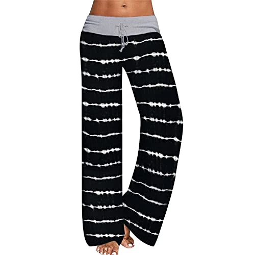 Stripe Yoga Pants Lounge Trousers Wide Leg Smocked Waist Trousers with Drawstring Stretch Casual Bottoms Trousers for Womens Black