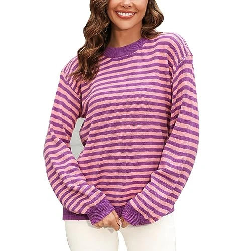 Striped Contrast Long Sleeve Knitted Jumper for Women with Crew Neck e Cuddly Jacket, purple, S